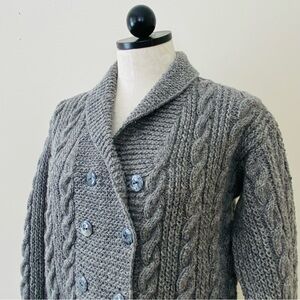Vintage Handmade Wool Cardigan Sweater Grey Fisherman Knit Aran Shawl Collar